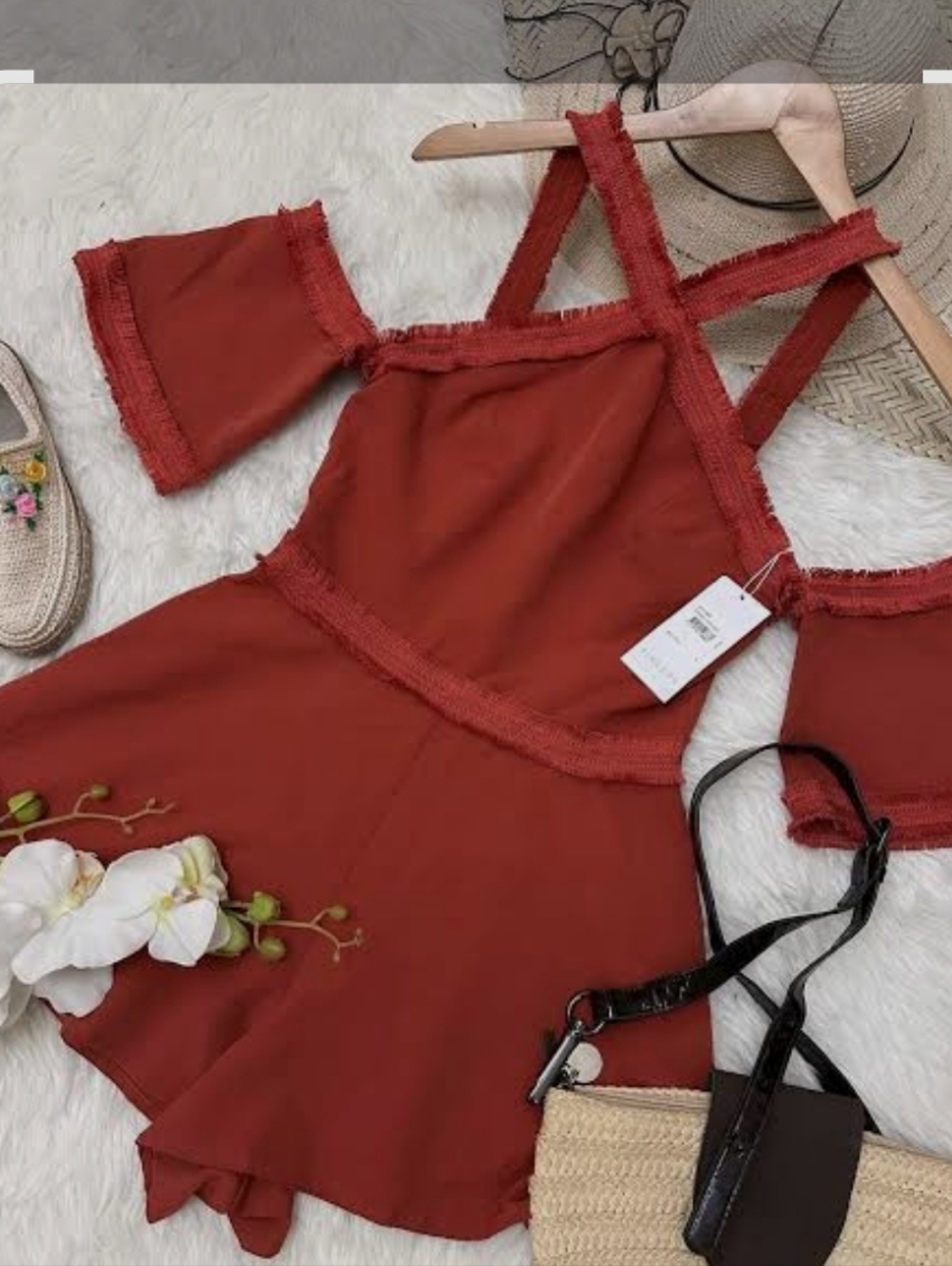 Finders Rust Red Off-Shoulder Romper with Frayed Trim